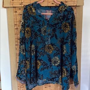 Johnny Was Blue Asymmetrical Blouse with Mandarin Collar